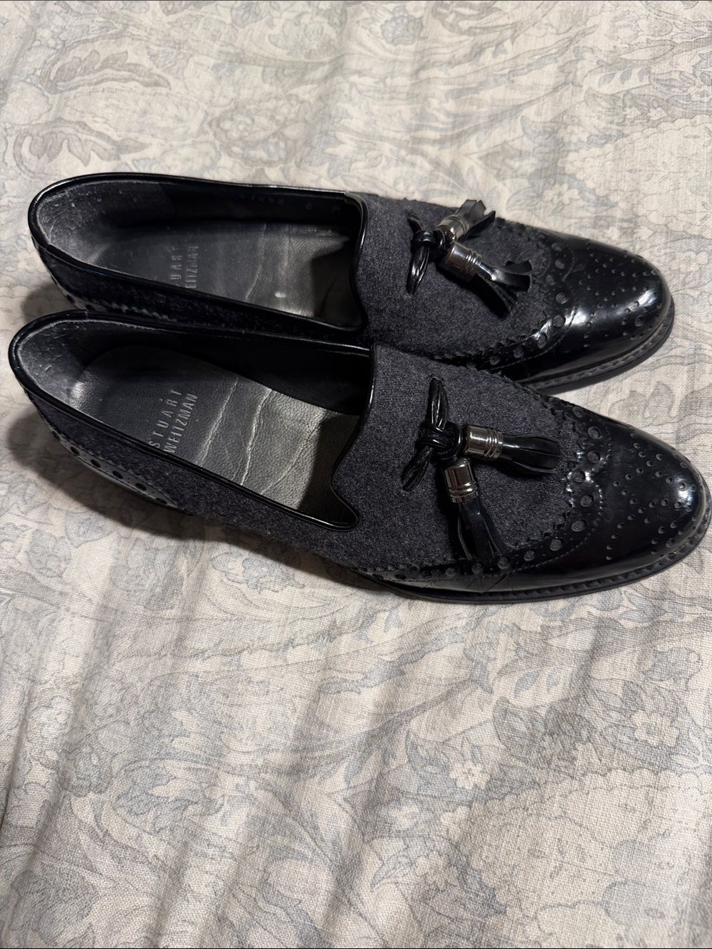 Stuart Weitzman Black Leather & Felt Tassel Loafers